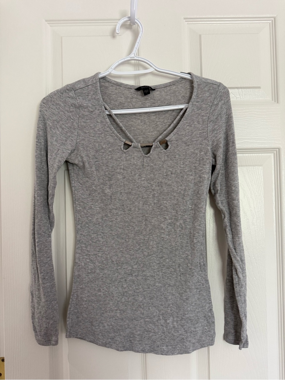 Guess Gray Long Sleeve Cutout Neck Tee